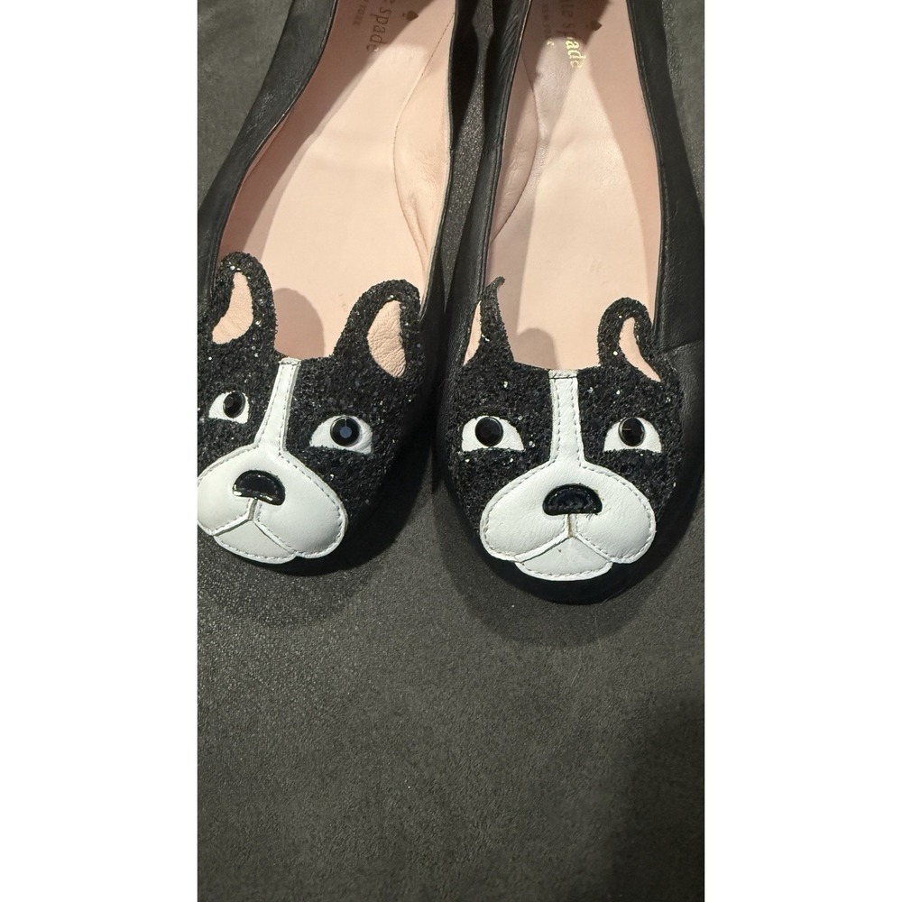 Kate Spade French Bulldog Sparkle Black Leather Ballet Flats Women's 8 - Picture 2 of 6